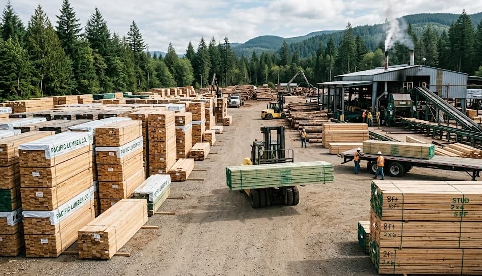 Lumber yard with stacked reclaimed boards and forklifts