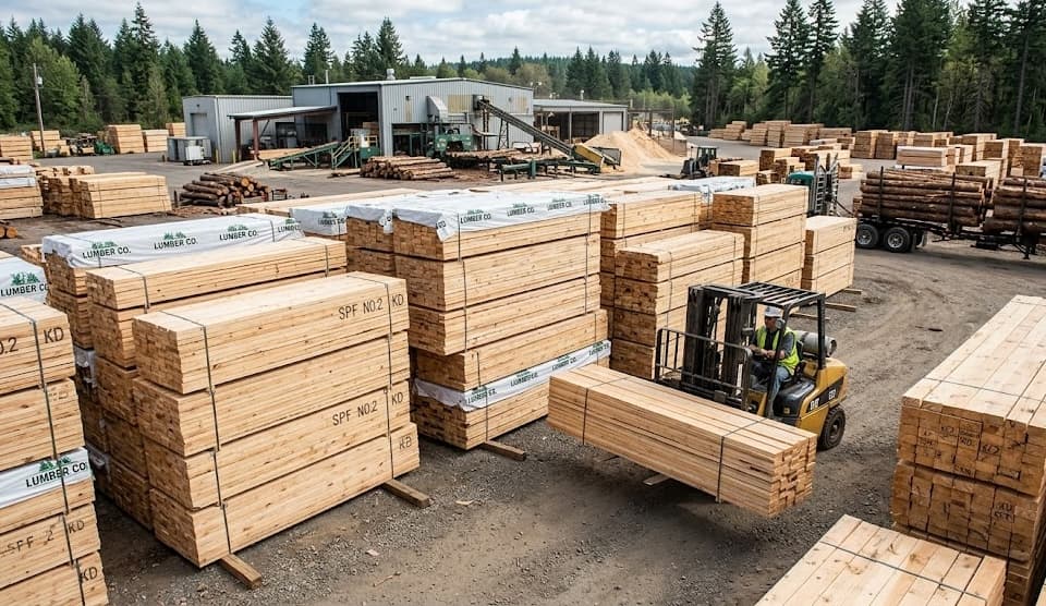 Processing facility with lumber inventory and forklift