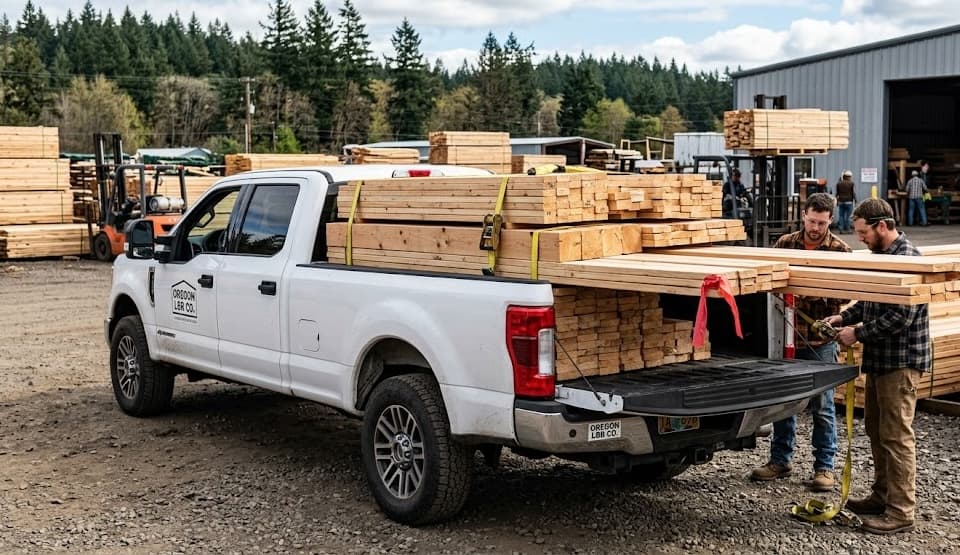 Team loading reclaimed lumber onto delivery truck